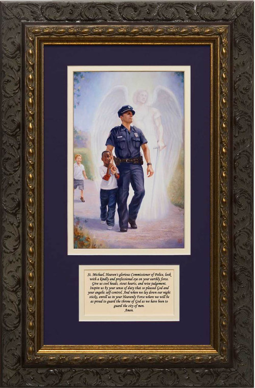 The Protector: Police Guardian Angel Matted with St. Michael Prayer - Ornate Dark Framed Art The Protector: Police Guardian Angel Matted with St. Michael Prayer - Ornate Dark Framed Art