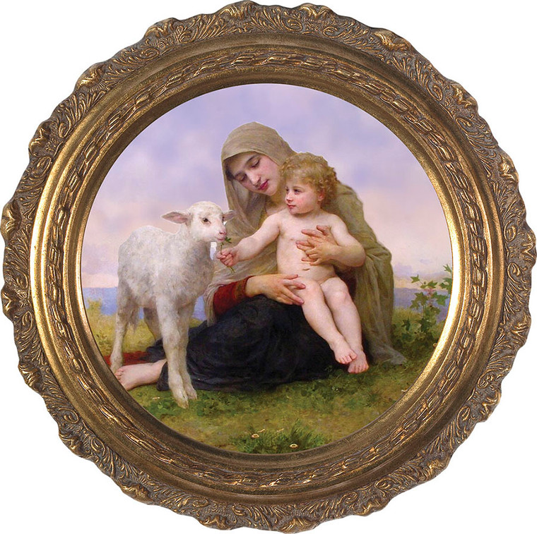 Madonna, Child, and Lamb - Round Ornate Framed Canvas