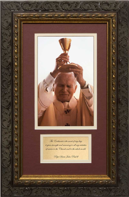 St. John Paul II Raising Chalice Matted with Prayer - Ornate Dark Framed Art