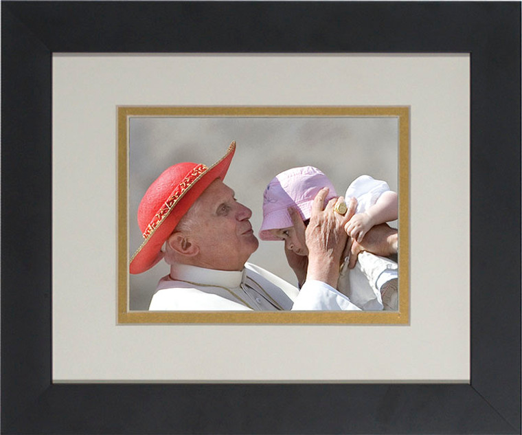 Pope Benedict Kissing Infant Matted - Black Framed Art