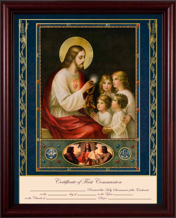 Traditional First Communion Certificate with Gold Accents in Cherry Frame