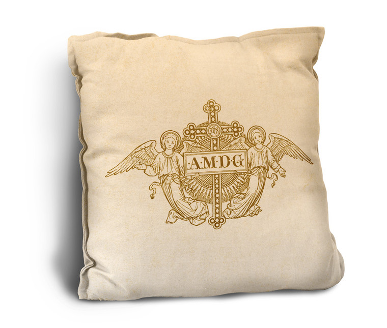 AMDG Angels Woodcut Rustic Pillow