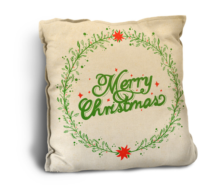 "Merry Christmas" with Poinsettia Garnish Rustic Pillow