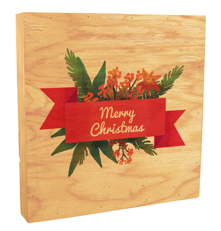 "Merry Christmas" Poinsettia and Pine Rustic Box Art 