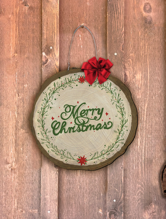 "Merry Christmas" Poinsettia Log End Door Hanger