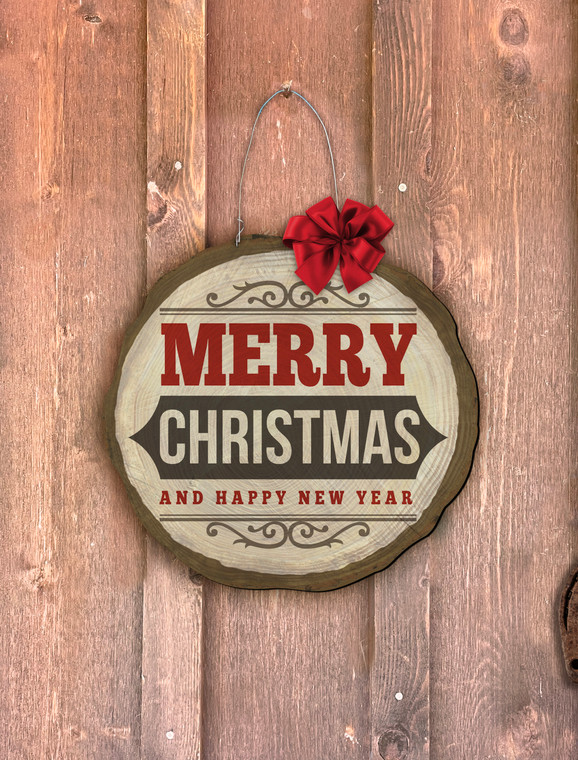 "Merry Christmas and Happy New Year" Log End Door Hanger