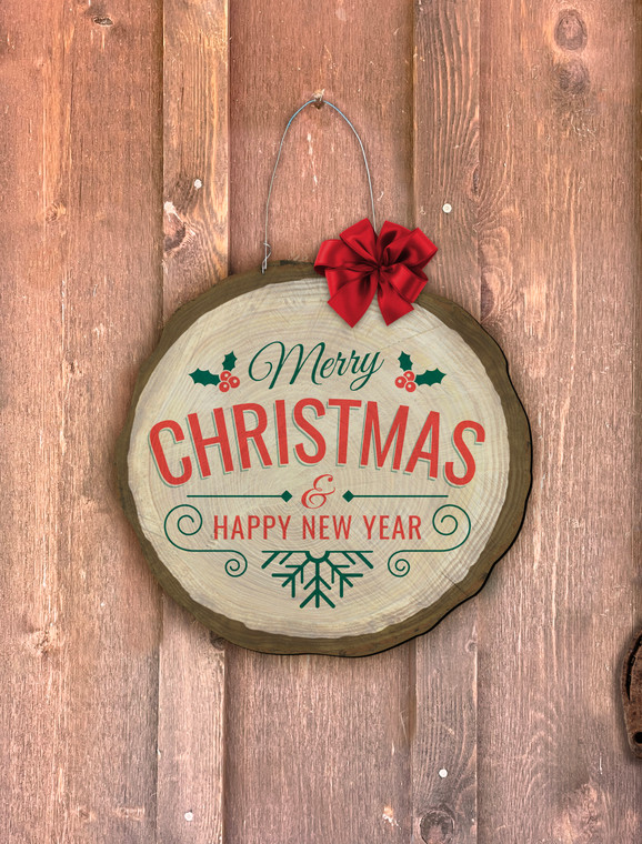 "Merry Christmas and Happy New Year" Holly Log End Door Hanger