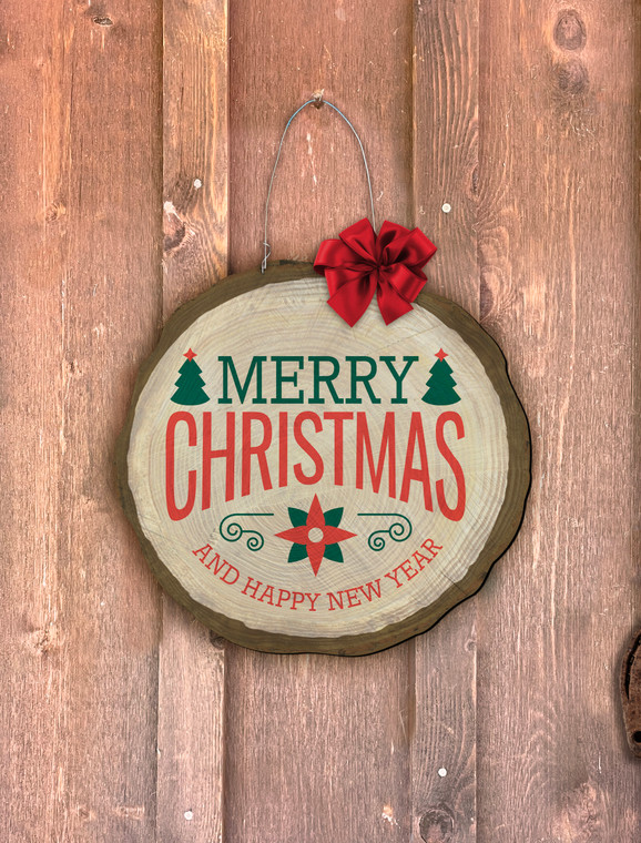 "Merry Christmas and Happy New Year" Tree Log End Door Hanger