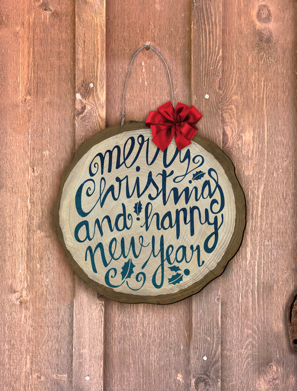 Blue "Merry Christmas and Happy New Year" Log End Door Hanger