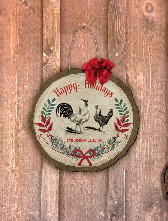 "Happy Holidays" Chickens Log End Door Hanger