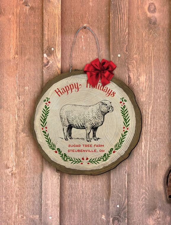 "Happy Holidays" Sheep Log End Door Hanger