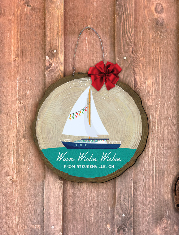 "Warm Winter Wishes (Steubenville)" Sailboat Log End Door Hanger