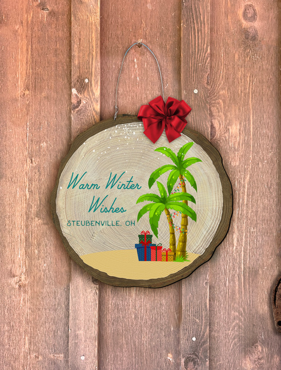 "Warm Winter Wishes (Steubenville)" Palm Tree Log End Door Hanger