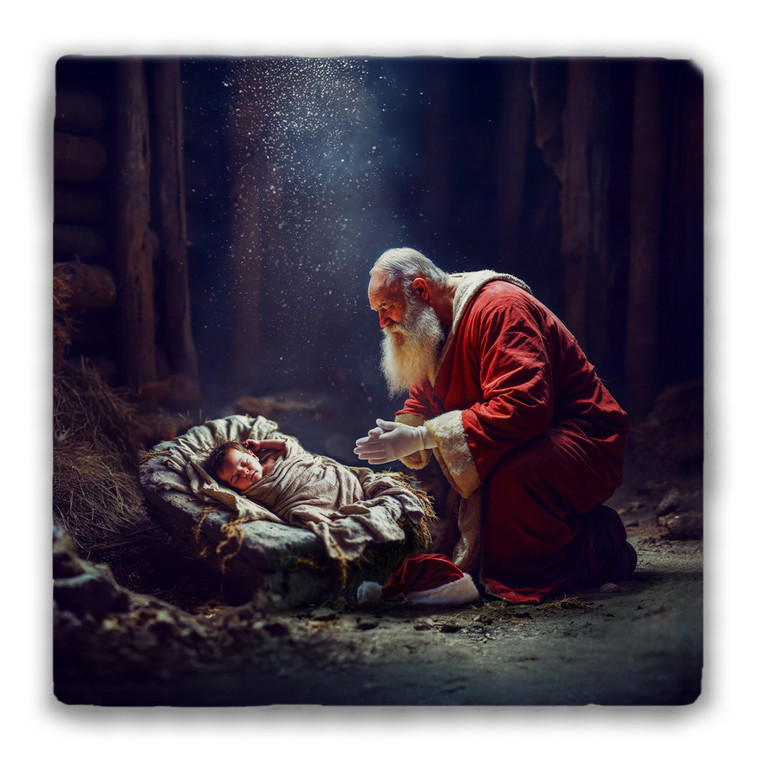 Santa at the Manger Tumbled Stone Coaster