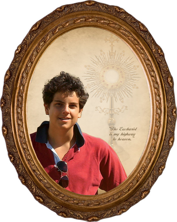 St. Carlo Acutis Framed Oval Canvas - with Monstrance