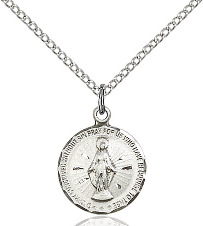 Round sterling silver miraculous medal on an 18 inch sterling silver chain