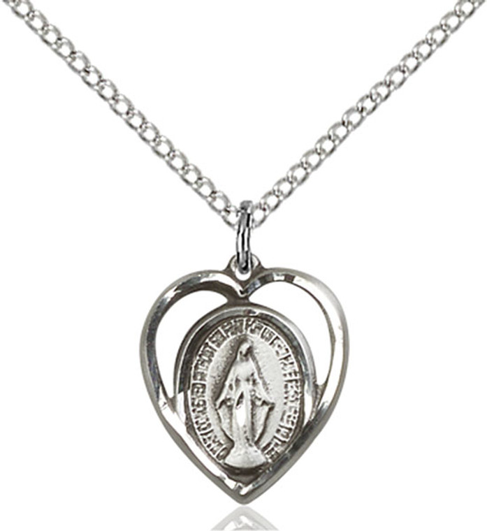 Sterling silver heart-shaped miraculous medal on an 18 inch sterling silver chain