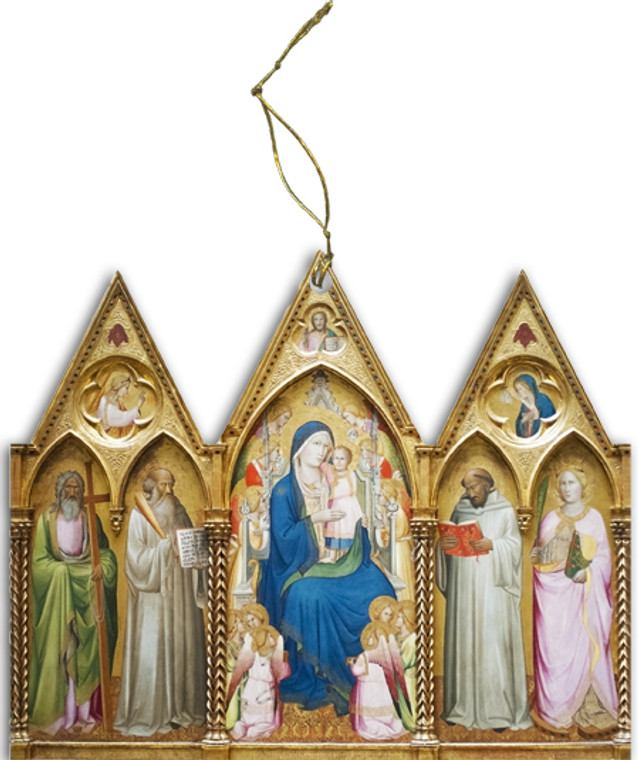 Madonna Enthroned with Saints and Angels Triptych Wood Ornament Madonna Enthroned with Saints and Angels Triptych Wood Ornament