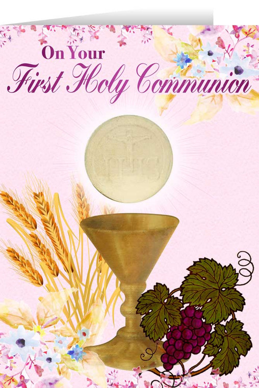 Pink Spring Chalice First Communion Greeting Card