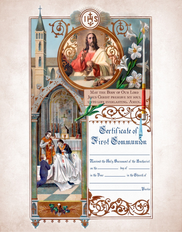 Traditional First Communion Sacrament Certificate with Priests Unframed