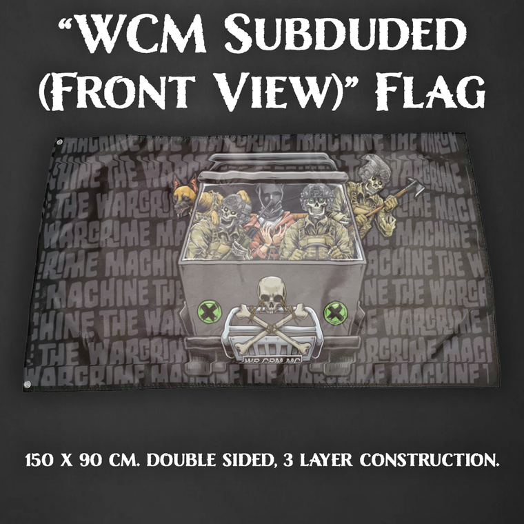 WCM Front View Flag with subdued text background.