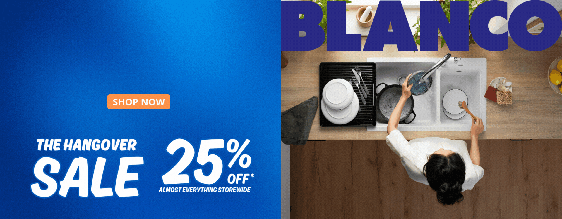 The Sink Warehouse Hangover Sale – Get 25% Off Blanco kitchen sinks and accessories. Overhead view of a modern kitchen featuring the Blanco Naya 8 double bowl sink in white, with a person washing dishes on a timber benchtop. Shop premium Blanco sinks onli