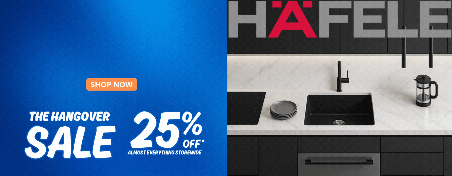 The Sink Warehouse Hangover Sale – Save 25% on Häfele granite sinks and kitchen accessories. Modern black kitchen with Häfele Essence granite sink, matte black mixer tap, and marble-look benchtop. Premium kitchen sink solutions on sale now online and in-s