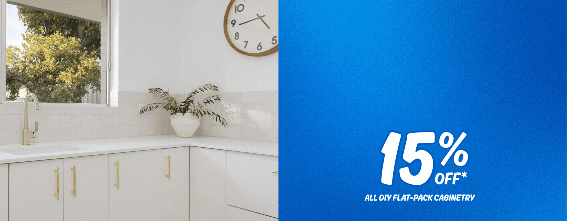 Modern white laundry with gold tapware and handles, showcasing DIY flat-pack cabinetry from The Sink Warehouse. Promotional banner on the right reads ‘15% OFF* All DIY Flat-Pack Cabinetry’ against a blue background, highlighting limited-time Hangover Sale