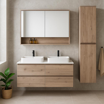 Fern - Oak Vanity Cabinet & Double Basin Top Wall Hung 1200mm 