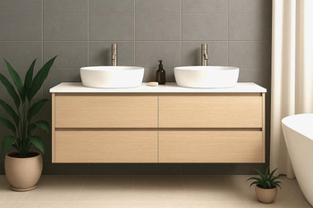 Willow - Oak Vanity Cabinet Wall Hung With Double Bowl Top 1500mm  Willow - Oak Vanity Cabinet Wall Hung With Double Bowl Top 1500mm