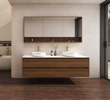 Willow - Walnut Vanity Wall Hung With Double Bowl Top Options Available 1500mm 