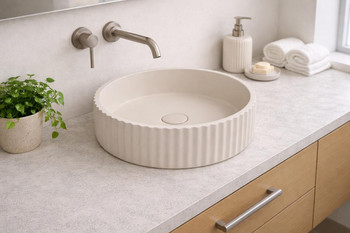 Wattle - Round Fluted Cream Concrete Basin 398mm with custom plug/waste  