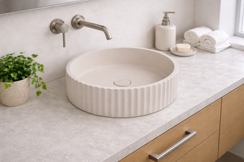 Wattle - Round Fluted Natural Concrete Basin 398mm with custom plug/waste 