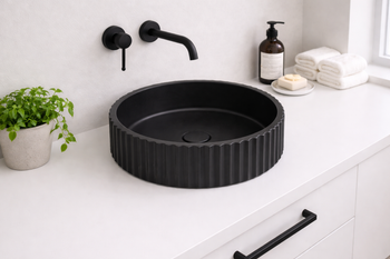 Wattle - Round Fluted Sand Concrete Basin 398mm with custom plug/waste 