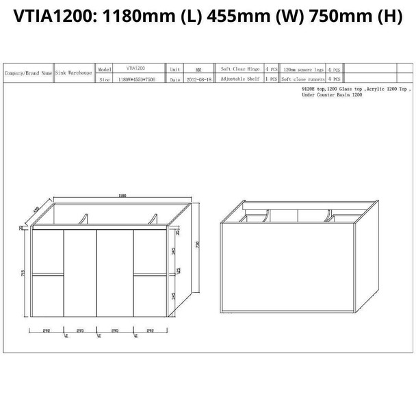 Tia - Floor Mounted Vanity and Top 1200mm