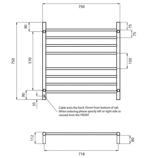 Heated Towel Rail - Round 8 Bar 750x550mm 