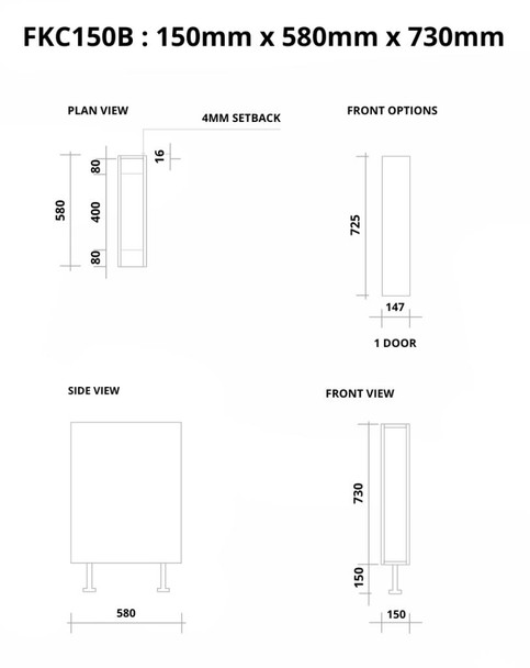 Base Cabinet 150mm with 1 Door in UV White 