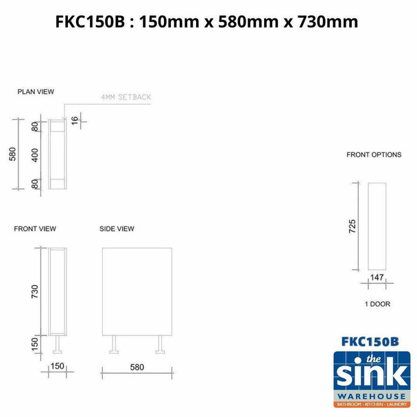 Base Cabinet 150mm with 1 Door in UV Light Grey