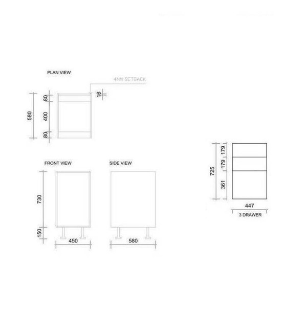 Base Cabinet 450mm with 3 Drawers in UV Light Grey