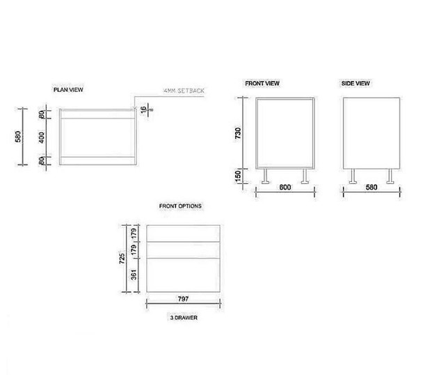 Base Cabinet 800mm with 3 Drawers in UV Light Grey