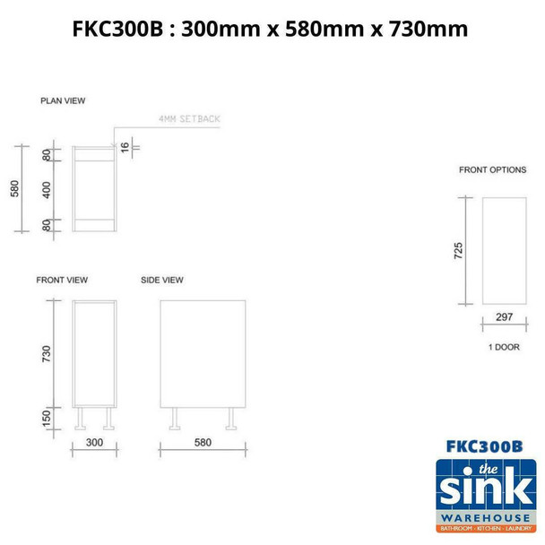 Base Cabinet 300mm with 1 Door in PU Satin