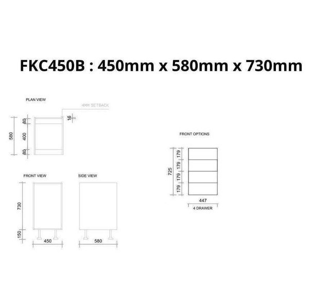 Base Cabinet 450mm with 4 Drawer in PU Satin