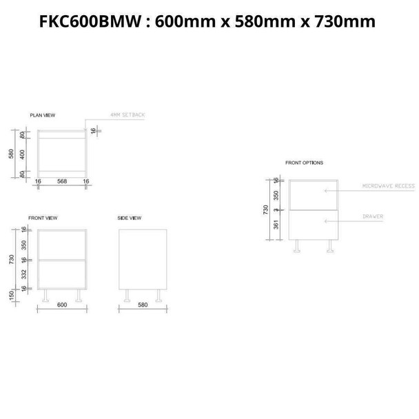 Base Microwave Cabinet 600mm with 1 Drawer in PU Satin