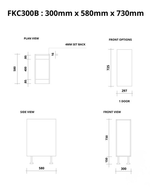 Base Cabinet 300mm with 1 Door in PU Shaker 