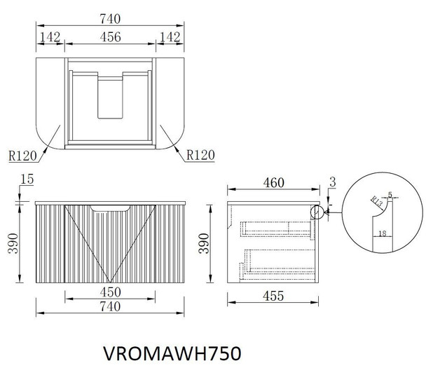 Roma White Fluted Wall Hung 750mm 