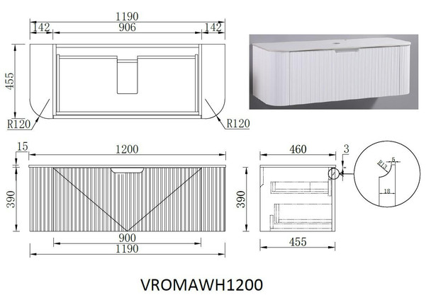Roma - Fluted (Vanity ONLY) Wall Hung 1200mm 