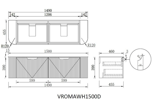 Roma Double Bowl - Fluted (Vanity ONLY) Wall Hung 1500mm 