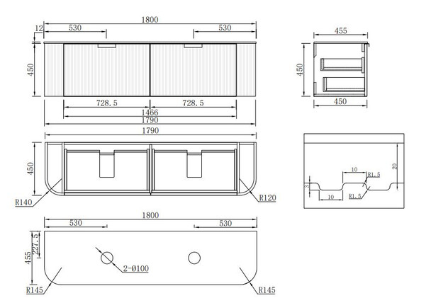 Zehra - Vanity Cabinet Wall Hung & Double Top Options 1800mm
