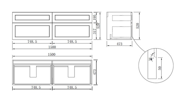 Maris - Double Vanity Cabinet Only (NO TOP) Wall Hung 1500mm 