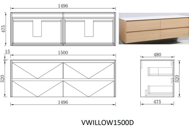Willow - Oak Vanity Wall Hung With Double Bowl Top Options Available 1500mm